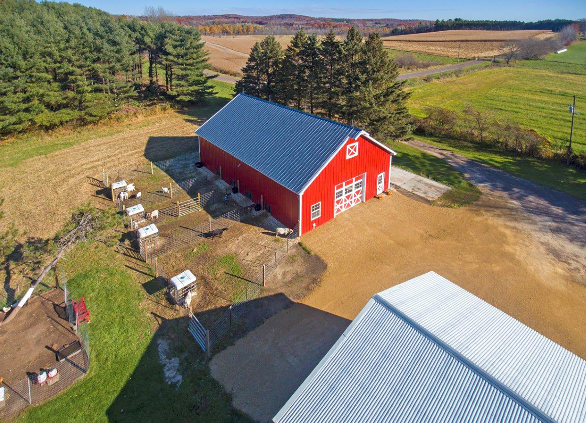 drone image of Menomonie goat barn and surrounding area